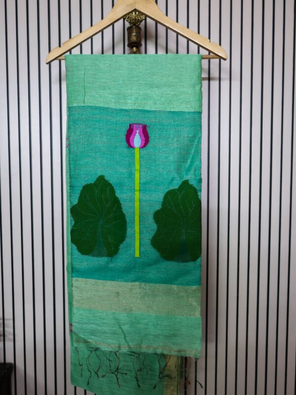 Emerald green tissue silk linen Jamdani saree