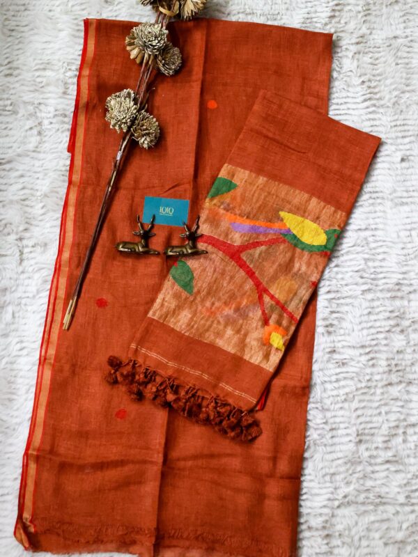 Rust orange handwoven Jamdani linen saree